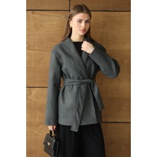 Fehu Bloom Kadın Antrasit Kuşaklı Dik Yaka Kaşe Ceket