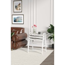 ED Efelez Design Zigon Sehpa , Aden 3'lü Tepsi Zigon Sehpa Takımı Beyaz Metal - Beyaz Mermer Tabla