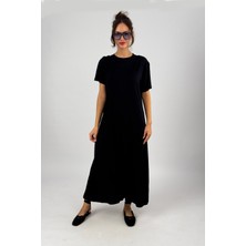 Yarım Kol Penye Kumaş Bisiklet Yaka Uzun Elbise, Düz Elbise