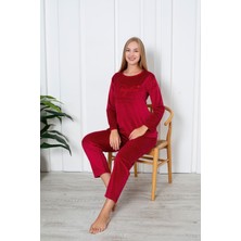 Asel Kadın Kırmızı Renk Likralı Kadife Pijama Takımı