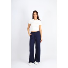 Softandbasic Kadın Modal Boru Paça Beli Lastikli Cepli Premium Kumaş Lacivert Pantolon