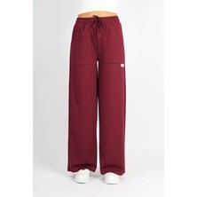 Softandbasic Kadın Modal Boru Paça Beli Lastikli Cepli Premium Kumaş Bordo Pantolon