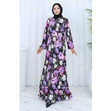 Desenli Penye Elbise 2135B-01 Siyah Mor