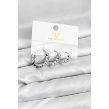 Clariss Pirinç Gümüş Renk Zirkon Taşlı Petek Halka Model Ysx Trio Küpe Seti