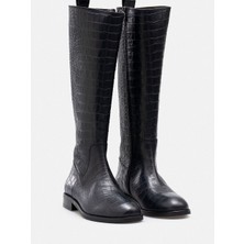 Rujo Yılan Desenli  Hakiki Kroko Deri El Işçiliği Yandan Fermuarlı Siyah Çizme