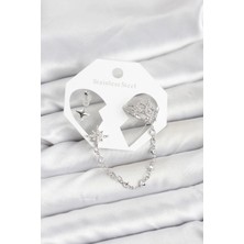 Clariss Kutup Yıldızı Model Pirinç Gümüş Renk Zincir Bağlantılı Ear Cuff Küpe Seti