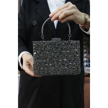Roza Çanta Kadın Platin Taşlı Abiye Clutch Portföy Çanta