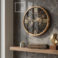 İki Yedi Konsept Nassau Masif Ağaç Kaplama Dünya Haritalı Döner Çarklı Ahşap Metal Duvar Saati 61,5 cm Roma Rakamlı