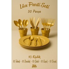 Ezupack 10'lu Lüx Sert Plastik Parti Doğum Günü Sunum Davet Nişan Söz Tabak Bardak Çatal Kaşık Bıçak Seti