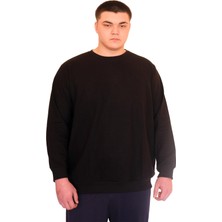 ModeXL Erkek Uzun Kol Siyah Sweatshirt Bisiklet Yaka Oversize Kanguru Cep 4XL Beden