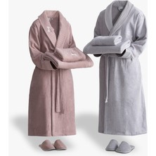 Green Black Rosalya Aile Bornoz Seti %100 Pamuk Nakışlı Pudra-Gri M/L