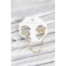 Clariss Pirinç Gold Renk Kalp Model Zincir Bağlantılı Ear Cuff Küpe Seti