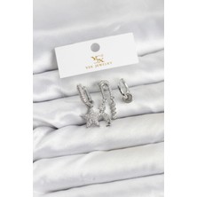 Clariss Pirinç Gümüş Renk Zirkon Taşlı Yıldız Vintage Model Ysx Trio Küpe Seti