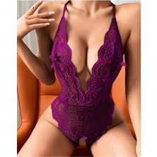 Aria's Closet Mor Özel Bölgesi Açık Dantel Işlemeli Fantezi Body AX25793