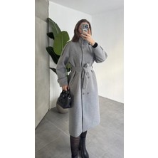 Asfa Moda Kadın Gri Dik Yaka Kemerli Kaşe Kaban Uzun Kışlık