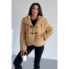 Hiramir Peluş Deri Tokalı Geniş Yakalı Mont Bej KS2502