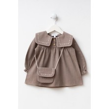 Magu Kız Çocuk Pamuklu Adaçayı Kahverengi Nakışlı Yaka Elbise Takım - Çantalı