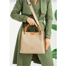 Just Polo Kadın Baskı Desenli Örgülü Büyük Boy Omuz Çantası ve Cüzdanı Kombin