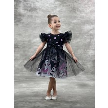 Magu Kız Çocuk  Siyah-Mor Kuromi Baskılı Tüllü Elbise - Tül Fırfır Kol, Kurdele Kuşaklı