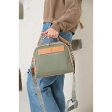 Just Polo Kadın Yeşil Taba Gofraj Baskılı Jilet Motifli Fermuar Uçları Vegan Omuz Çantası