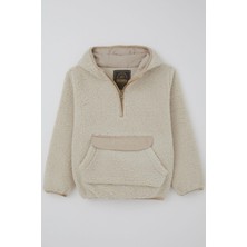 Reycan Kız Çocuk Peluş Sweatshirt Kapüşonlu Kanguru Cepli 5-8 Yaş, Taş