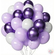 Joyane Metalik Mor Lila Beyaz Balon Seti | 24 Parça A Kalite Lateks Balon, Parti ve Doğum Günü Seti