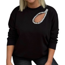 Phuti Tasarım Taş ve Göğüs Dekolteli Siyah Sweat