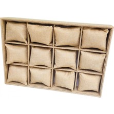 Özer Kutu 12 Li Saat & Kelepçe Yastıklı Masaüstü Kutu & Tabla Keten Süet (Hasır)