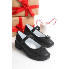 LUQSE Siyah Kız Çocuk Rugan ve Mat Babet Ayakkabı – Cırt Cırtlı Fiyonklu Günlük Model