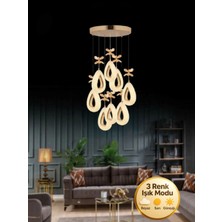 Litra Lighting Damla Model 8'li Gold 3 Renk Modu Kristal Taşlı Modern Salon Mutfak Oturma Çocuk Odası LED Avize