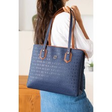 Just Polo Kadın Lacivert 2 Bölmeli 5 Gözlü Gofraj Baskılı Büyük Boy El ve Omuz Çantası 234028MH