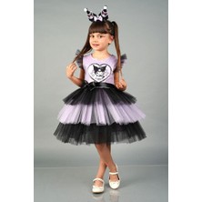 Magu Kız Çocuk Pamuklu Lila-Siyah Karakter Figürlü Payetli Kat Kat Tüllü Elbise - Saten Kemer Fiyonk