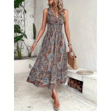 Kendim Fashion Kadın Beli Gipeli Etnik Desen Sıfır Kol Süprem Elbise
