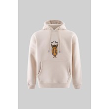 Machinist Erkek Melek Nakışlı Şardonlu Kapüşonlu Sweatshirt Açık Bej