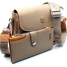 Just Polo Vizon Baskı Desenli Kolon Askılı 4 Bölmeli Kadın Omuz Çantası ve Cüzdan Kombini 25X15CM PBU2184