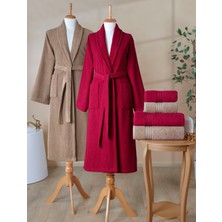 Ellaline 6 Parça Çizgili Bornoz Seti %100 Pamuk Sertifikalı Aile Havlu Bornoz Takımı Çeyiz Set Bordo Kahve