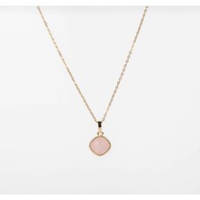 Taşmir Pembe Kuvars Doğal Taş Gold Renkli Kolye