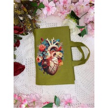 Ötay Yağ Yeşili Kalp Desenli 3 Bölmeli Taşınabilir Minimal Kitap Çantası