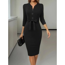 Kendim Fashion Kadın Uzun Kollu Düğme Detaylı Kendinden Kemerli Ithal Krep Elbise