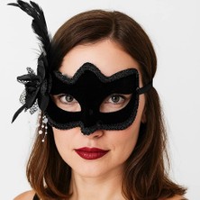 Evolvera Siyah Renk Yandan Tüylü Beyaz Incili Süet Kaplama A Kalite Lüks Parti Maskesi 20X23 cm