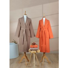 Ellaline 4 Parça Çizgili Bornoz Seti %100 Pamuk Sertifikalı Aile Havlu Bornoz Takımı Çeyiz Seti Khv - Turuncu