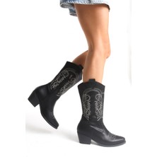 LUQSE Kadın Western Kovboy Çizme – Nakışlı Topuklu Orta Boy Model