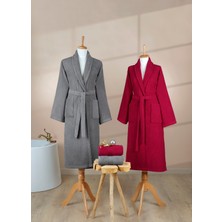 Ellaline 4 Parça Çizgili Bornoz Seti %100 Pamuk Sertifikalı Aile Havlu Bornoz Takımı Çeyiz Seti Gri - Bordo