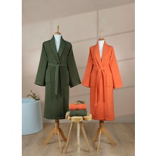 Ellaline 4 Parça Çizgili Bornoz Seti %100 Pamuk Sertifikalı, Şalyaka Kiremit Turuncu Yeşil Aile Banyo Takımı