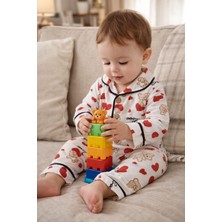 Bubiee Baby Ayıcık ve Kırmızı Kalp Basklı Çocuk Pijama Takımı Düğmeli Kruvaze Yaka %100 Pamuk