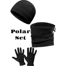 Siyah Unisex Termal Kışlık Polar Eldiven, Bere ve Boyunluk Takım
