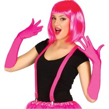 Evolvera Fuşya Renk Saten Uzun Eldiven ve Küt Parti Peruğu