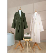 Ellaline 4 Parça Çizgili Bornoz Seti %100 Pamuk Sertifikalı Aile Havlu Bornoz Takımı Çeyiz Seti Yeşil - Krem