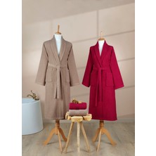 Ellaline 4 Parça Çizgili Bornoz Seti %100 Pamuk Sertifikalı Aile Havlu Bornoz Takımı Çeyiz Seti Bordo - Kahve