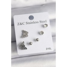 Clariss 316L Çelik Gümüş Renk Zirkon Taşlı Kelebek Model Kadın Küpe Seti - KP-0693